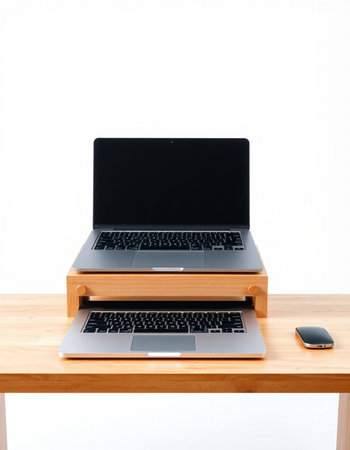 Laptop computer on wooden desk isolated on white background with clipping path