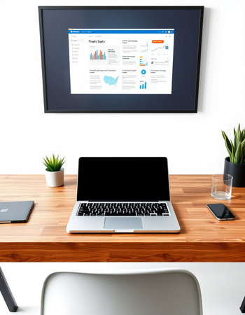 Laptop on wooden table in modern office with blank screen monitor. 3d render