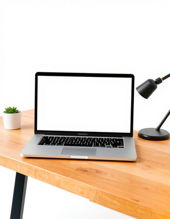 Laptop with blank screen on wooden desk isolated on white background.