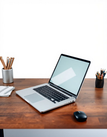Close up of modern workplace with blank laptop screen, coffee cup and other items. Mock upの写真素材