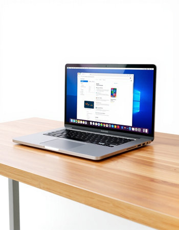 Laptop on wood table and white background. 3d rendering.