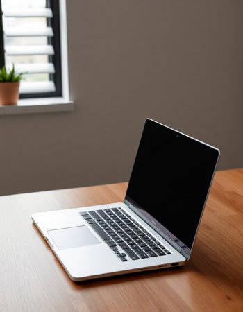 Laptop on a wooden table with a window in the background.