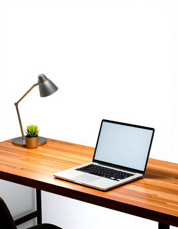 Laptop with blank screen on wooden table with lamp on white wall background