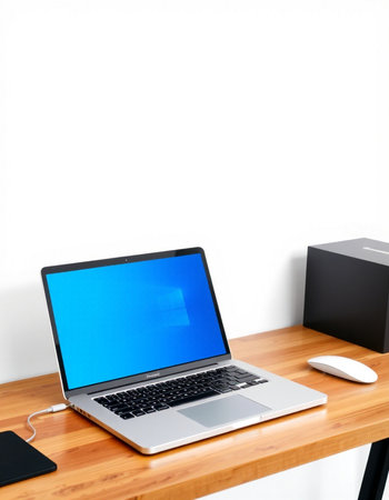 Laptop with blue screen on wooden desk in front of white wall