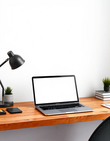 Mockup laptop with blank screen on wooden table in office, 3d renderの写真素材