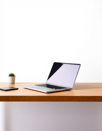 Laptop with blank screen on wooden table and white wall background.