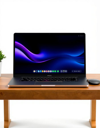 Laptop on wood table isolated on white background.