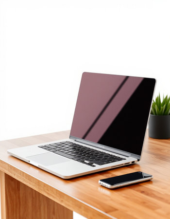 Laptop on wooden table isolated on white background with clipping path.