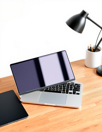 Laptop with blank screen on wooden office desk.