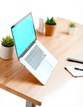 Laptop with blank screen on table in office. Mockup for design