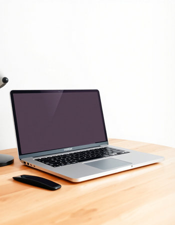 Laptop with blank screen on wooden table and white wall background