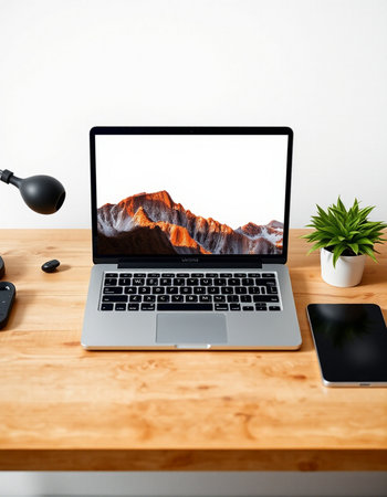 Laptop with mountain view screen on wooden desk. 3d rendering
