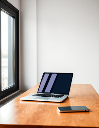 Laptop with blank screen on wooden table in modern office, mockup