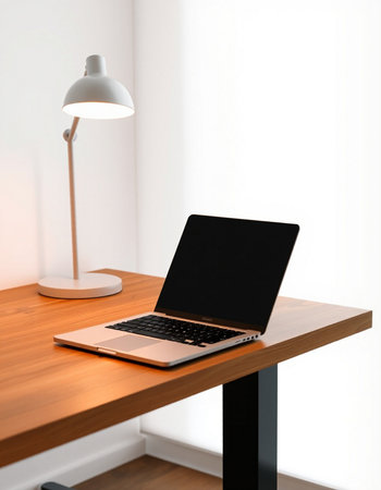 Laptop with blank screen on wooden table in office. 3d render
