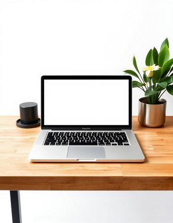 Laptop computer with blank screen on wooden table and white wall background