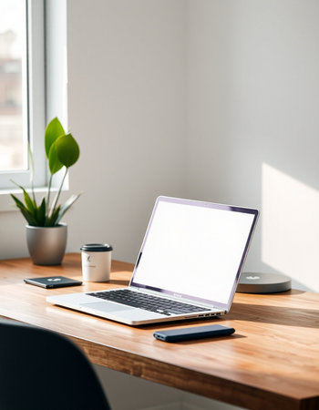 laptop with blank screen on wooden table in modern office. mock up
