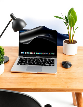 Modern workspace with laptop, lamp and plants on wooden desk. 3d render