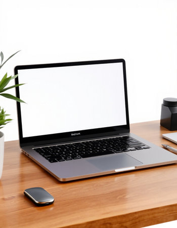 Modern workspace with blank screen laptop computer on wood table and white wall background.