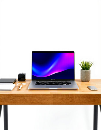 Modern workspace with blank screen laptop computer on wooden desk isolated on white background