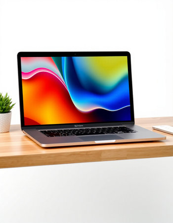 Laptop on wood table with white background. 3d rendering.