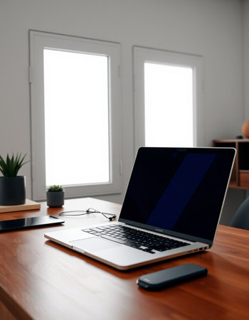 Laptop on a wooden table in a modern office. Workplace
