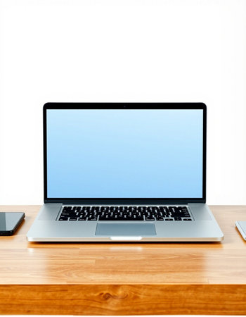 Laptop with blank screen on wooden table isolated on white background.
