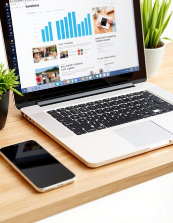Workplace with laptop, smartphone and tablet pc on wooden table closeupの写真素材