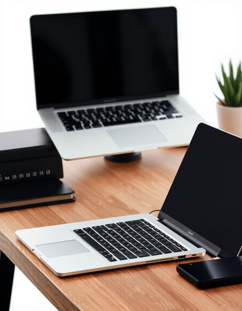 Modern workplace with laptop and smartphone on wooden table. Close up.