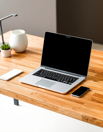 Laptop with blank screen on wooden table in modern office. Mock up