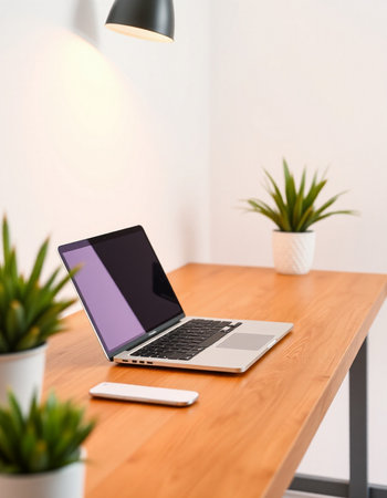 Laptop with blank screen on wooden table in office. Mockupの写真素材