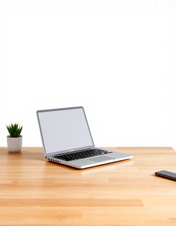 Laptop computer on wooden table with white wall background, stock photo