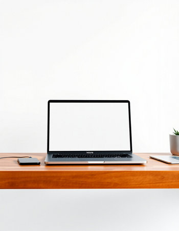 Laptop computer with blank screen on wooden table and white wall background