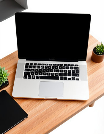 Laptop with blank screen on wooden desk. 3d render.