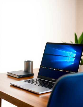 laptop on wooden table in office. 3d rendering