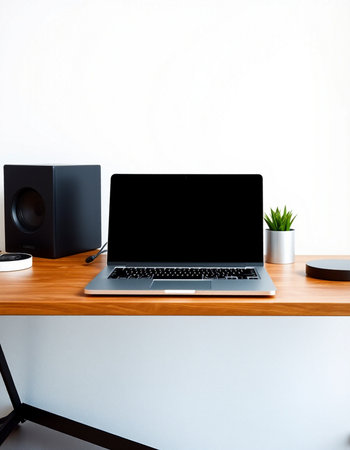 Laptop with blank screen on a wooden table and white wall background