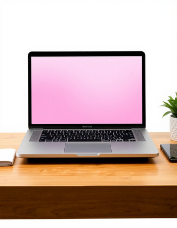 Laptop with screen on wood desk isolated on white background.