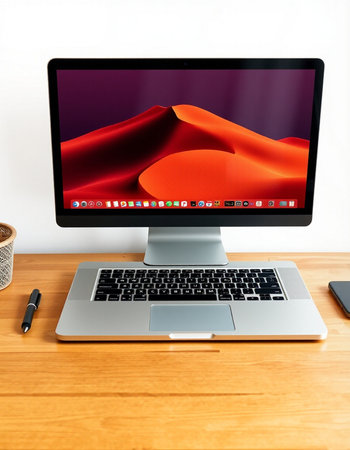 Laptop on wooden table in office