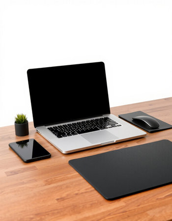 Laptop, tablet and phone on a wooden table with white background