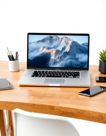 Modern workplace with computer laptop and coffee cup on wooden table isolated on white background
