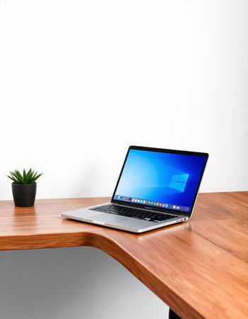 Laptop on wooden table and white wall background. 3d rendering.
