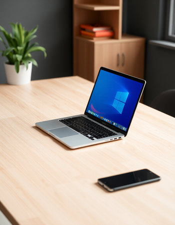 Laptop on a wooden table in the office. Work from home concept