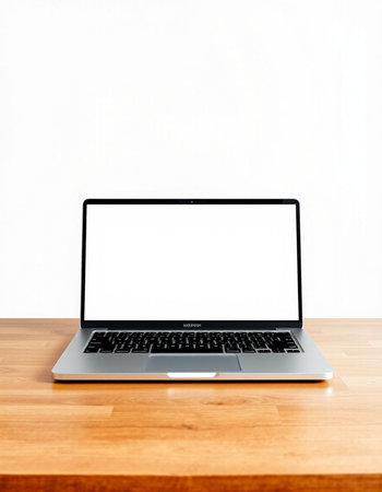 Laptop with blank screen on wooden table and white wall background.
