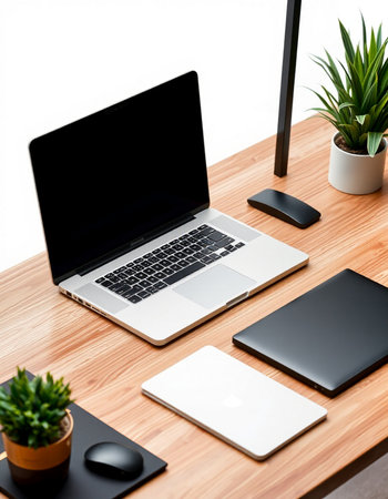 Close up of modern workplace with laptop, tablet, smartphone and other items on wooden table