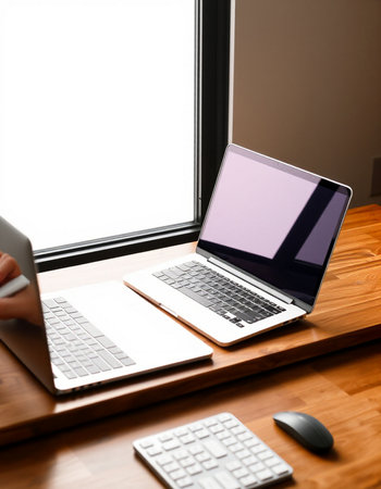 Laptop computer with blank screen and mouse on wooden table in office