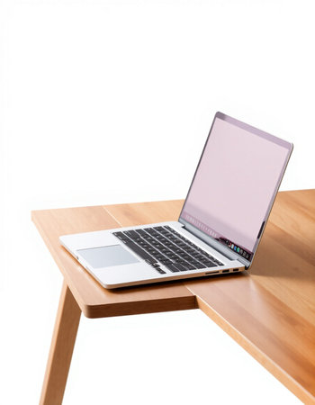 Laptop on a wooden table isolated on white background with clipping path