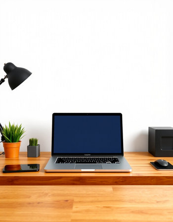 Laptop with blank screen on wooden desk in office, 3d render
