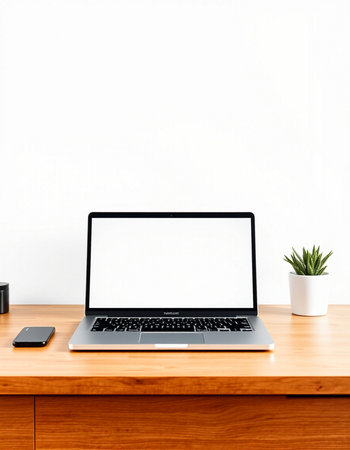 Laptop with blank screen on wood table and white wall background.