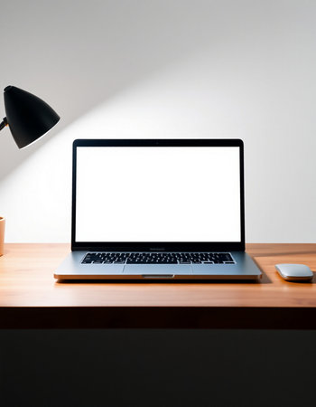 Laptop computer with blank screen on wooden table and white wall background
