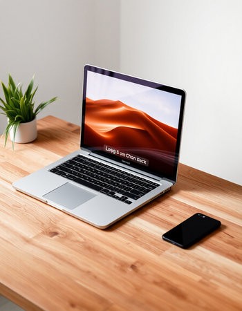 Laptop on wooden table with mobile phone and plant in white room