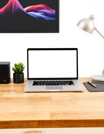 Close up of modern workspace with blank white laptop screen, coffee cup and other items on wooden...